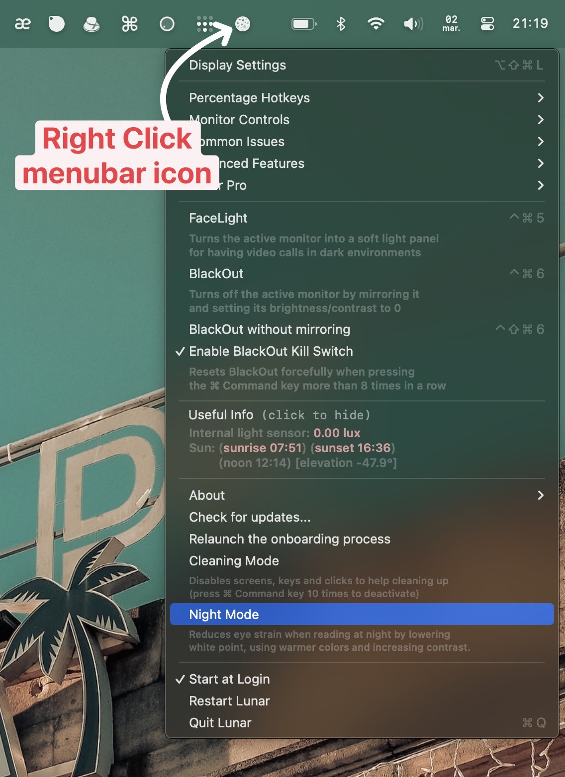 activating night mode from the menubar